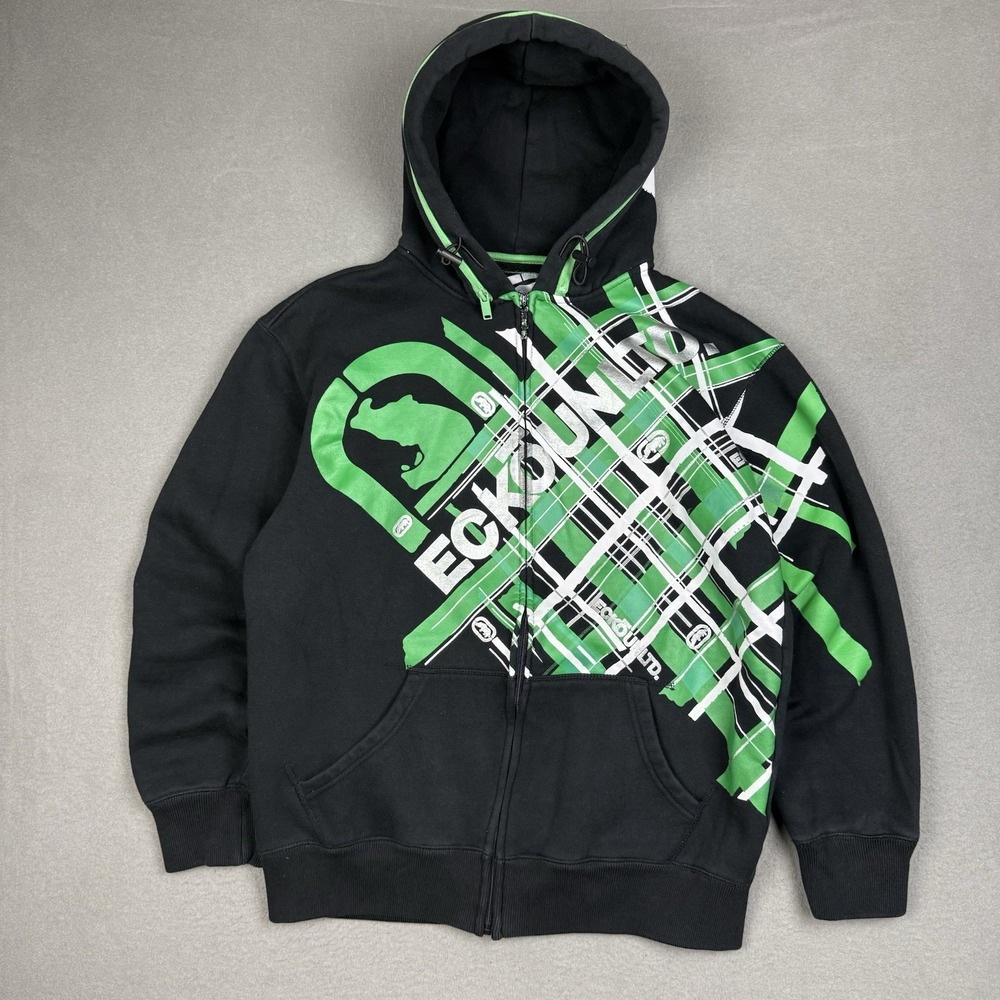 Y2K Ecko Unltd Zip Hoodie Mens Medium Black Green Rhino Logo Skater Grunge
